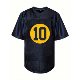 Men's Deep Blue # 10 Breathable Rugby Shirt, Sports V-neck Short Sleeve Training Match Uniform, Embroidered American Football Shirt