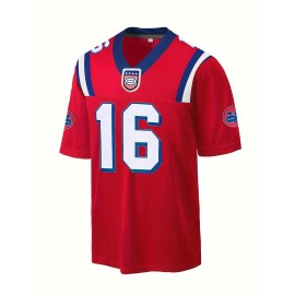 Men's Red # 16 American Football Suit Loose Embroidered Sports, Fashion, Casual, Street Breathable Football Suit