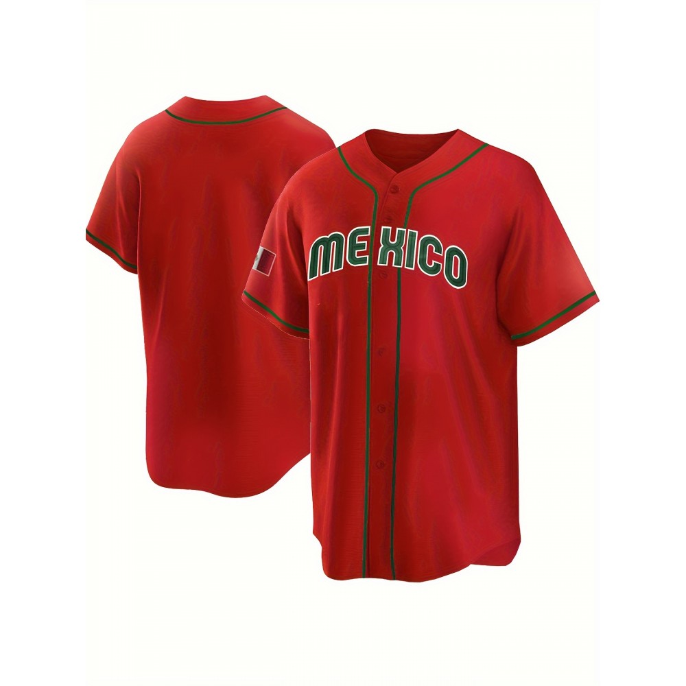 Men's Short Sleeve V-neck Baseball Jersey With Letters Embroidered For Training And Competition