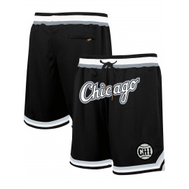 Men's Chicago Embroidered Polyester Basketball Shorts, 100% Knit Fabric, Loose Fit, with Pockets, for Casual & Athletic Wear, Four Seasons Sports Style