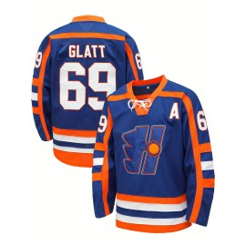 Men's Blue # 69 Ice Hockey Sports Shirt, Loose Embroidered Long Sleeves, Sports Fashion Casual, Street Breathable