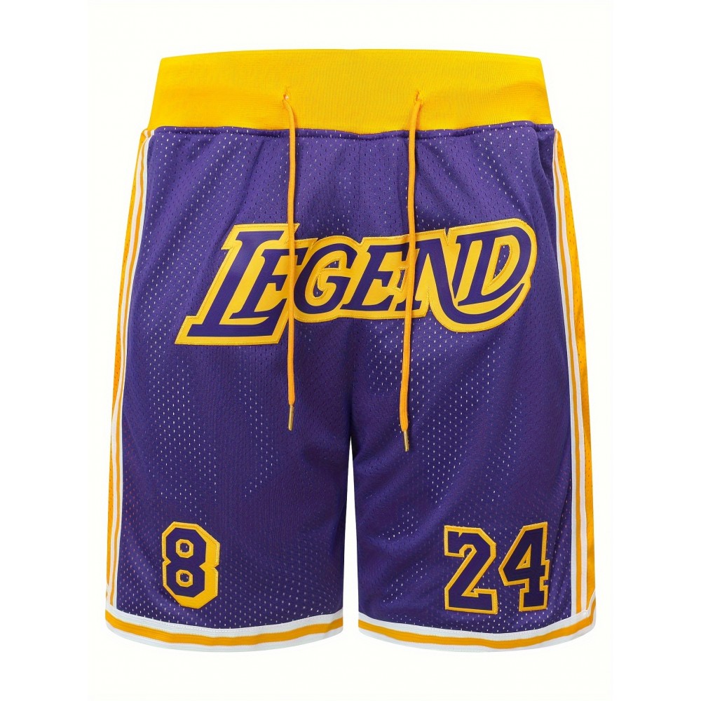 Men's Basketball Shorts with Embroidered LEGEND #24 Design - Purple & Yellow Loose-Fit Zipper Pockets, Breathable Mesh Athletic Shorts for Training, Streetwear & Casual Wear - All-Season Comfort