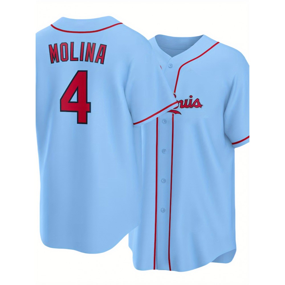 Men's Light Blue #4 Embroidered Baseball Shirt - V-Neck Button-Up Loose Fit Breathable Sportswear for Streetwear, Outdoor & Casual Wear | All-Season Machine Washable