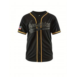 Men's #1 Black Baseball Jersey with Golden Embroidery - Breathable, Sporty V-Neck, Casual & Streetwear Style, Polyester, Machine Washable for All Seasons