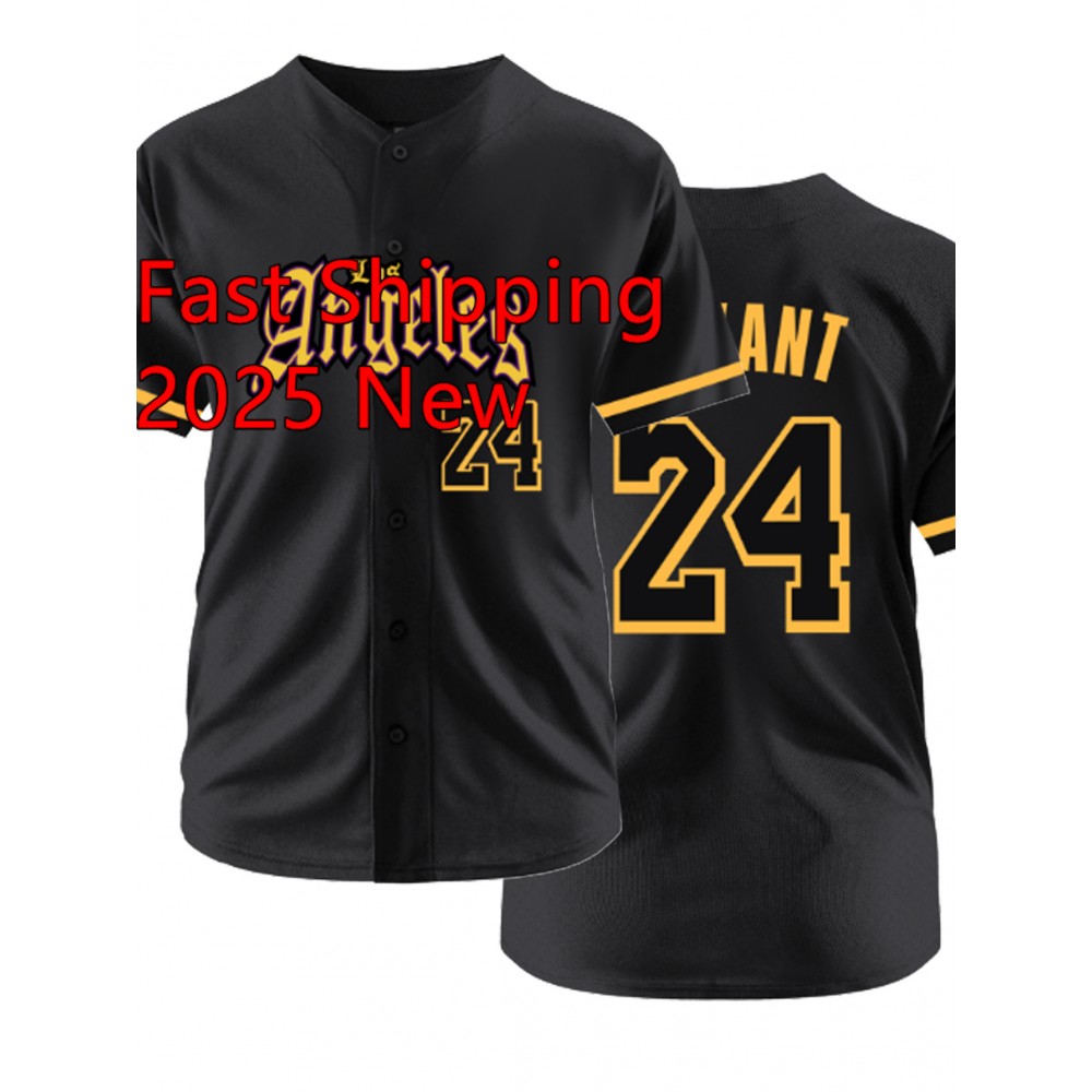 Men's Black #24 Baseball Jersey - Embroidered Letters, Breathable Loose Fit V-Neck Button-Up Shirt for Streetwear, Sports & Outdoor Activities | All-Season Casual Athletic Top for Men & Teens, Sports Activity Apparel, Embroidered Detailing