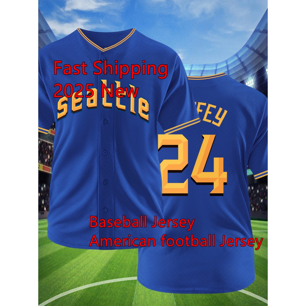 Men'S Blue # 24 Baseball Shirt, Classic Letter Embroidery Design, Breathable Button style Short Sleeve Shirt, Used for Training and Competition