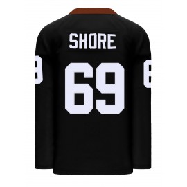 Men's Black #69 Ice Hockey Jersey - Loose Fit Breathable V-Neck Sweatshirt with SHORE Embroidery & Bear Graphic, All-Season Casual Streetwear for Sports & Outdoor Activities