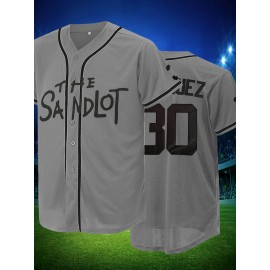 Men'S Grey # 30 Baseball Shirt, Classic Letter Embroidery Design, Button style Short Sleeve Breathable Shirt, Training and Competition Category: Men'S Baseball Shirt