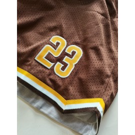 Men'S Brown # 23 Baseball Shorts With Pocket, Casual, Fashionable, Breathable, Sports Zipper, High Quality Embroidered Shorts