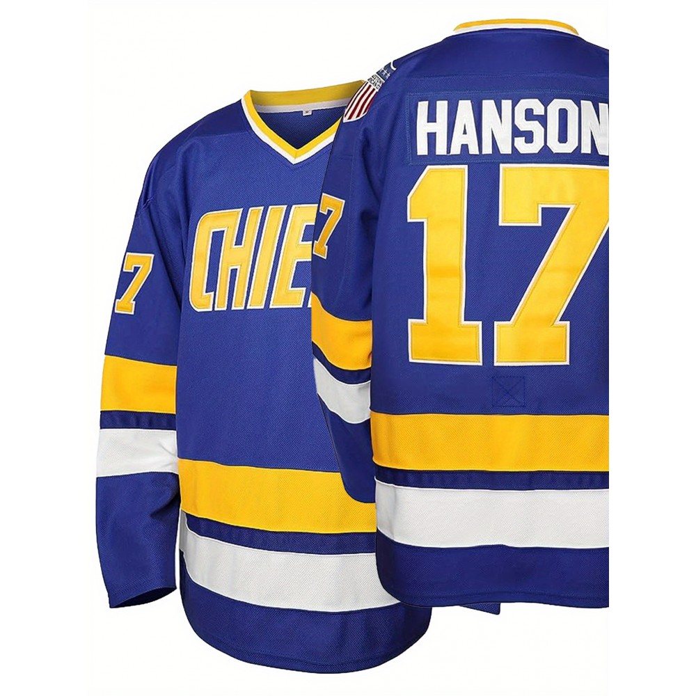 Men'S Blue #17 Ice Hockey Jersey with Loose Embroidery And Long Sleeves, Sporty, Fashionable, Casual, Breathable on The Street
