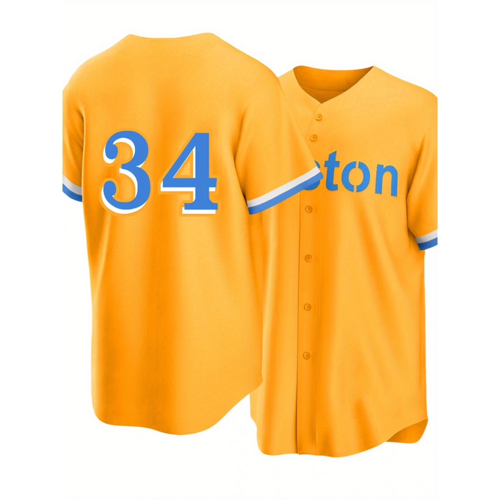 Men's Yellow #4 Baseball Jersey - Loose Fit V-Neck Streetwear with Embroidered Lettering, Breathable Short Sleeve Sports Shirt for Casual, Outdoor & Seasonal Celebrations (Machine Washable), Outdoor Activewear | Relaxed Fit Top | Comfortable Wear