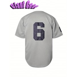 Men's Embroidered Number 6 Baseball Shirt - Grey Loose Knit V-Neck Button-Up, Polyester Sportswear for Spring Summer Fall, Casual & Team Sports (Sizes S-3XL)