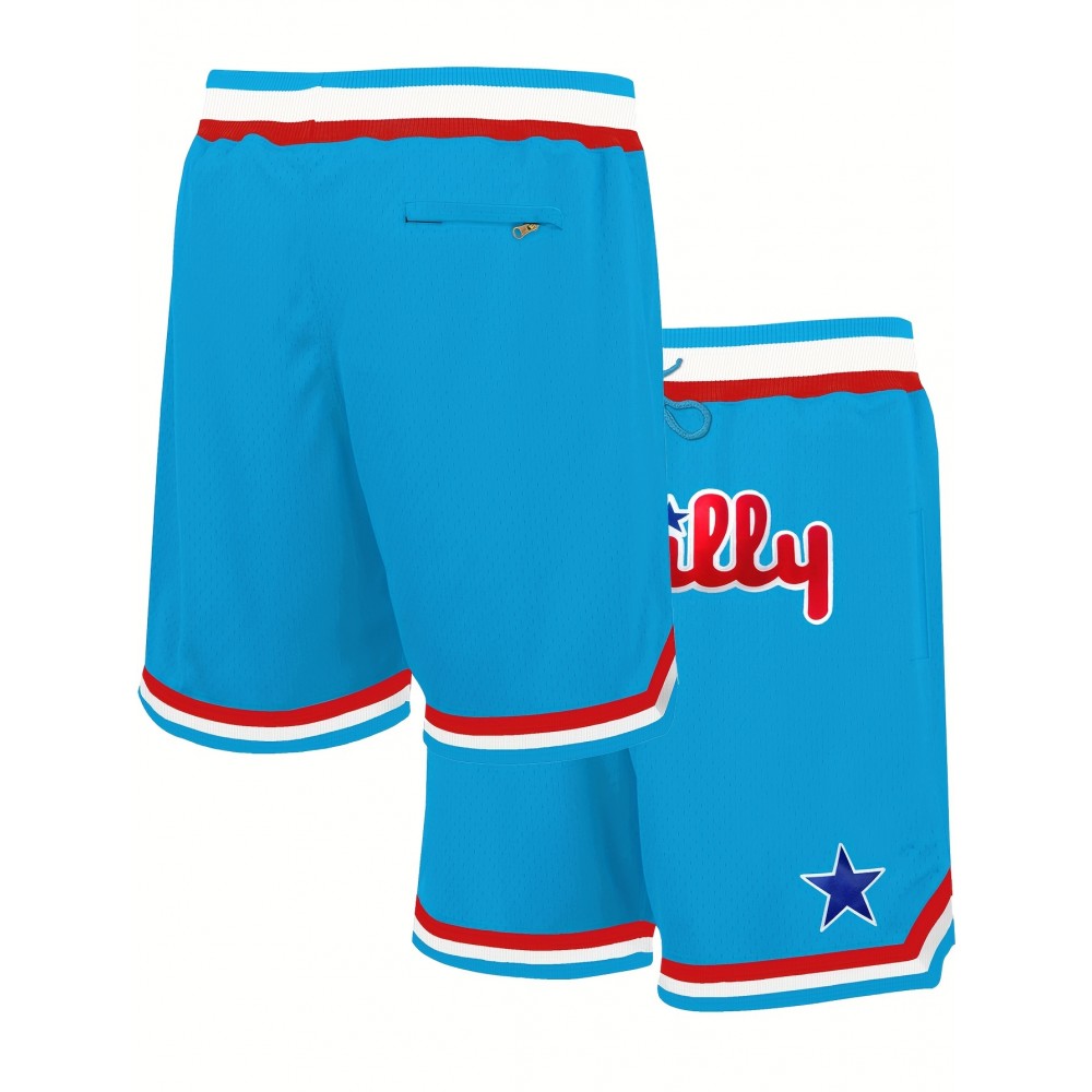 Men'S Moon Blue Embroidered Basketball Shorts With Pockets, Casual, Fashionable, Breathable, Sports Zipper, High Quality Embroidered Shorts