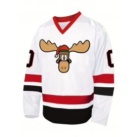 Men's White #00 Christmas Moose Ice Hockey Jersey - Embroidered Long Sleeve, V-Neck, Loose Fit, Breathable Polyester, Sporty & Casual for Parties, Streetwear & Outdoor Activities, Hockey Stocking Stuffers