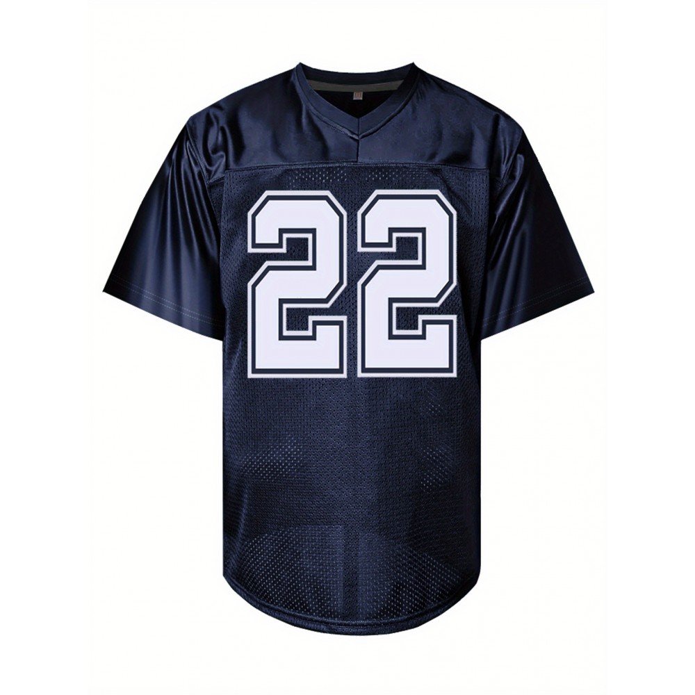 Men'S Deep Blue # 22 Breathable Rugby Shirt, Sports V-neck Short Sleeve Training Match Uniform, Embroidered American Football Shirt