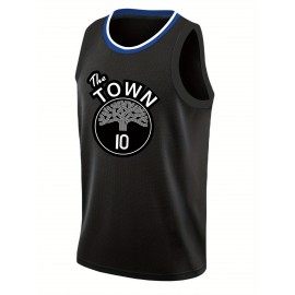 Men's Black #10 Basketball Jersey - Embroidered Street Style with Tree Graphic & THE TOWN Design, Breathable Loose Fit Round Neck Pullover for Sports, Casual & Outdoor Activities, All-Season Comfort, Quality Sportswear