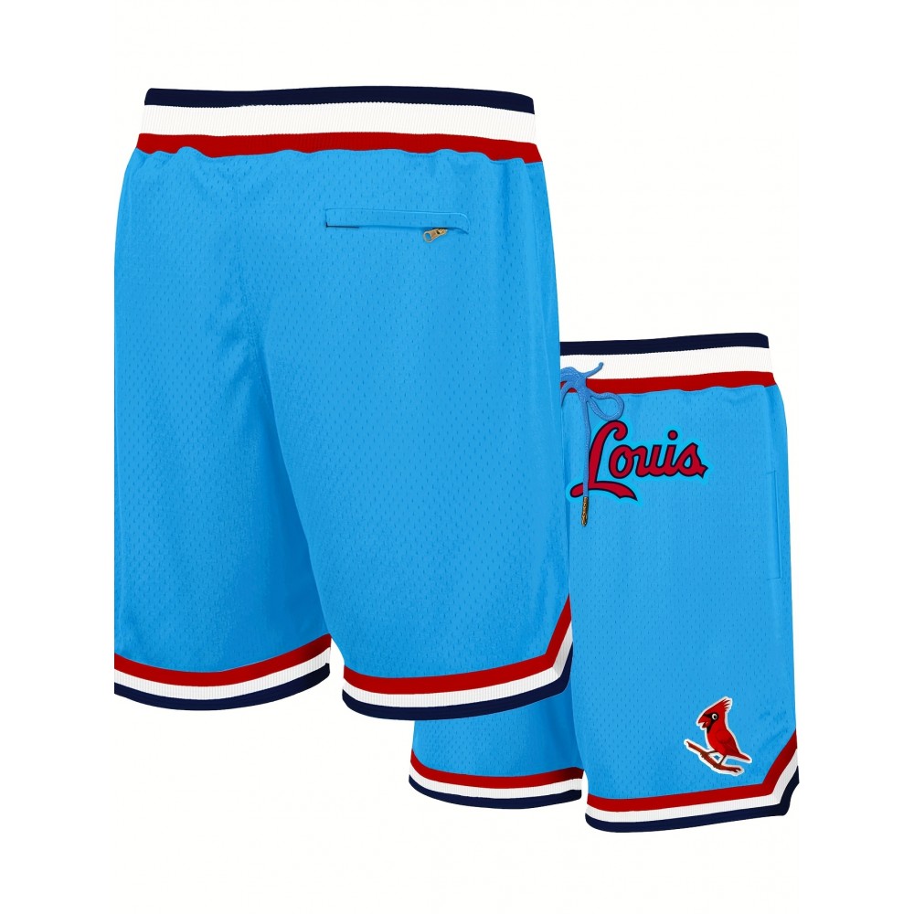 Moon Blue # Bird Animal Cartoon Embroidery Pattern, Baseball Shorts With Pocket, Casual Fashion, Breathable, Sports Zipper, High Quality Embroidered Shorts