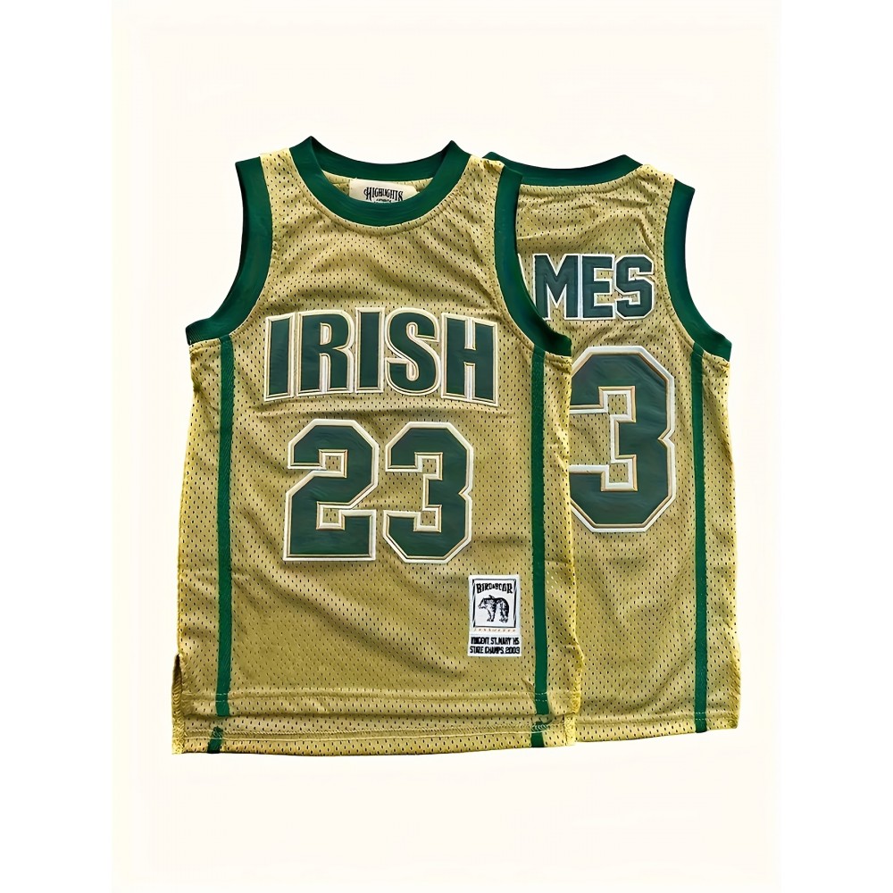 Men's #23 Basketball Jersey Vintage Embroidered Crewneck Breathable Race Training Uniform Jersey Sleeveless Top Green S-XXXL