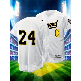 Men's White #8-24 Baseball Jersey - Classic Letter Embroidery Design, Button-Up V-Neck Breathable Shirt for Training, Competition & Casual Wear | All-Season Loose Fit Sportswear (Adults & Youths)