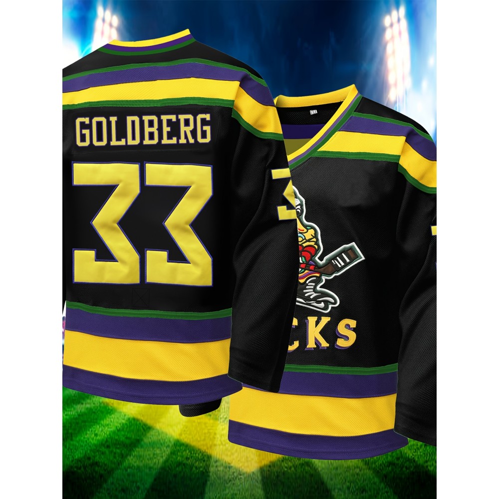 Men's #33 Black Duck Embroidered Ice Hockey Jersey - Breathable, Loose-Fit Long Sleeve V-Neck Sweatshirt for Sports & Casual Wear