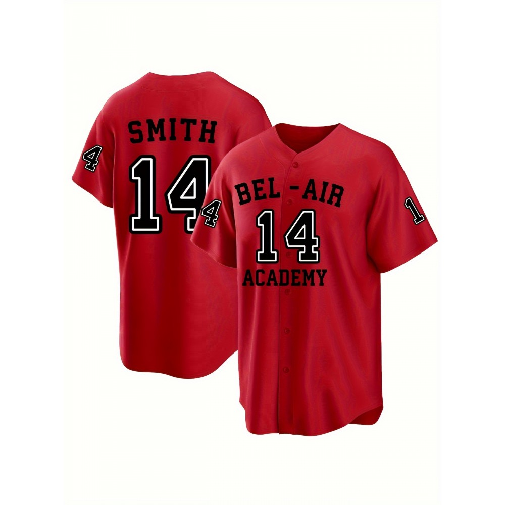 Men's Will Smith # 14 Bel-Air Academy hip-hop rock casual sports cardigan hand embroidered baseball jacket in red