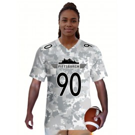 Women's Arctic Camo Pittsburgh #90 Polyester Football Jersey, Women V-Neck Game Day Sports Shirt With Slight Stretch, Breathable Casual Knit Fabric, Loose Fit Adult, Fans Gift Women, For Casual, Party, And Training Wear