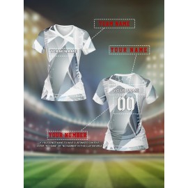 Customizable Women's V-Neck Soccer Jersey - Personalized Name & Number, Breathable Athletic Top for Team Sports, Training, and Casual Wear - Quick-Dry, Comfort Fit, Geometric Print Design, Soccer Accessories