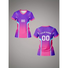 Custom Name and Number Women'S V-Neck Football Shirt Top, Polyester, Slight Stretch, All Over Print, Regular Length, Knit Fabric, 210g/m², Breathable, Quick Dry, Daily Casual, for Team, Personal Training, Sports, Fitness