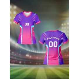 Custom Name and Number Women'S V-Neck Football Shirt Top, Polyester, Slight Stretch, All Over Print, Regular Length, Knit Fabric, 210g/m², Breathable, Quick Dry, Daily Casual, for Team, Personal Training, Sports, Fitness