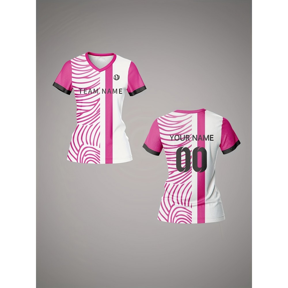 Customizable Women'S V-Neck Soccer Jersey - Personalized Team Name & Number, Breathable & Quick-Dry Fitness Shirt for Training & Casual Wear, Pink & White Design, Spring/Summer/Fall, Training Apparel | Stylish Soccer Top | Quickdry Materia