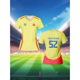 Customizable Women's V-Neck Soccer Jersey - Personalized Name & Number, Breathable Quick-Dry Sports Top for Team Training, Fitness & Casual Wear, Yellow with Blue Stripe Design, Casual Sportswear | Customizable Athletic Wear | Durable Sports Clothing