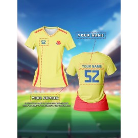 Customizable Women's V-Neck Soccer Jersey - Personalized Name & Number, Breathable Quick-Dry Sports Top for Team Training, Fitness & Casual Wear, Yellow with Blue Stripe Design, Casual Sportswear | Customizable Athletic Wear | Durable Sports Clothing