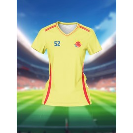 Customizable Women's V-Neck Soccer Jersey - Personalized Name & Number, Breathable Quick-Dry Sports Top for Team Training, Fitness & Casual Wear, Yellow with Blue Stripe Design, Casual Sportswear | Customizable Athletic Wear | Durable Sports Clothing