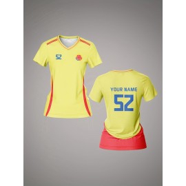 Customizable Women's V-Neck Soccer Jersey - Personalized Name & Number, Breathable Quick-Dry Sports Top for Team Training, Fitness & Casual Wear, Yellow with Blue Stripe Design, Casual Sportswear | Customizable Athletic Wear | Durable Sports Clothing