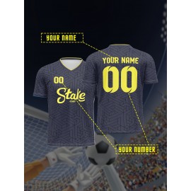 [Breathable Comfort] Customizable Youngsters' Soccer Jersey - V-Neck, Personalized Name & Number, Comfortable Polyester, Ideal for Sports & Outdoor Activities, Machine Washable - Blue & Yellow Geometric Pattern