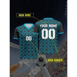 1pc Customizable Soccer Jersey for Kids - V-Neck Football Shirt with Personalized Name & Number, 100% Polyester Knit Fabric, All-Over Print, Medium Stretch, Regular Fit, for Boys & Girls, Sports & Casual Wear, Spring/Summer/Fall