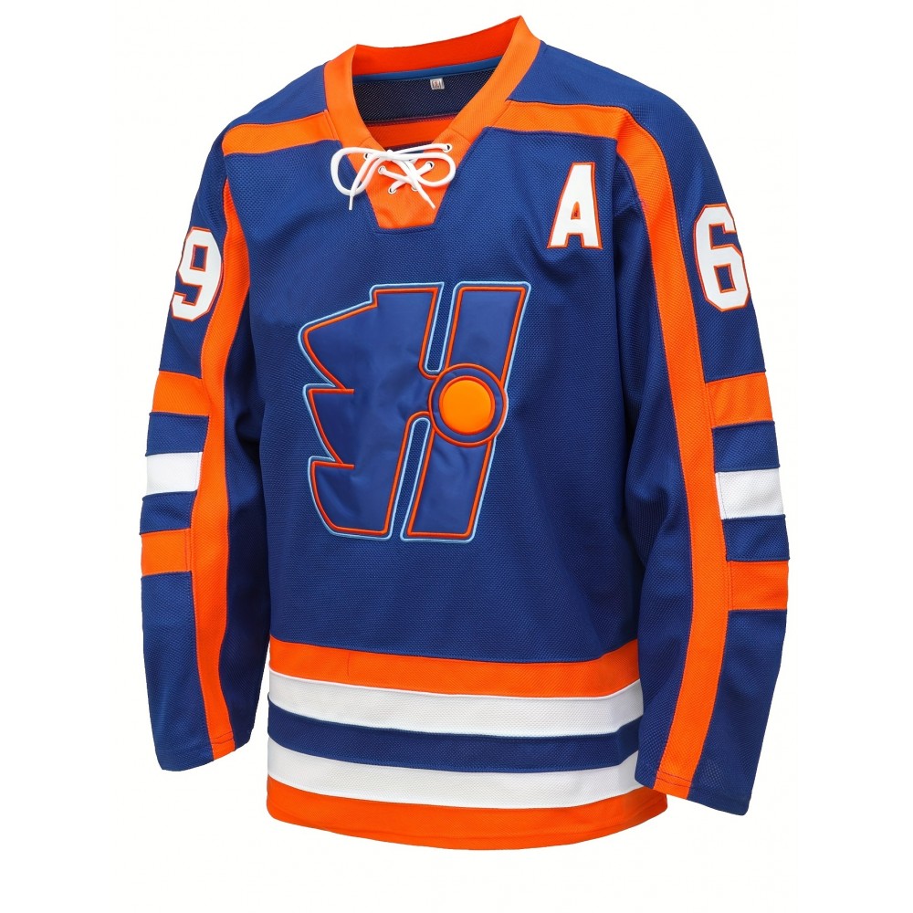 Men's Blue # 69 Ice Hockey Sports Shirt, Loose Embroidered Long Sleeves, Sports Fashion Casual, Street Breathable