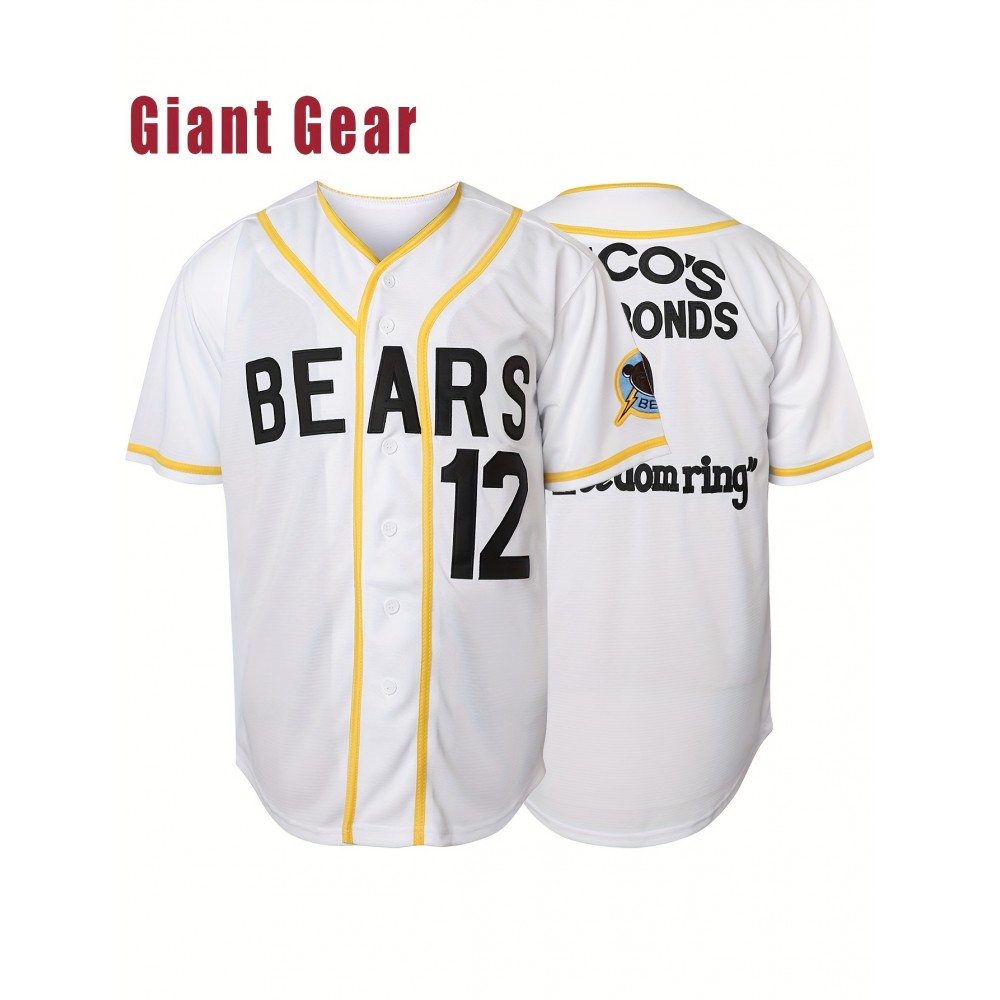 Men's #12 Bears Baseball Jersey - V-Neck Breathable Polyester Mesh, Loose Fit Sporty Design with Bears & Number 12, Machine Washable for Casual, Sports, Outdoor Activities (S-3XL), Sports Casual Wear | Sporty Vneck Jersey | Front Button Closure