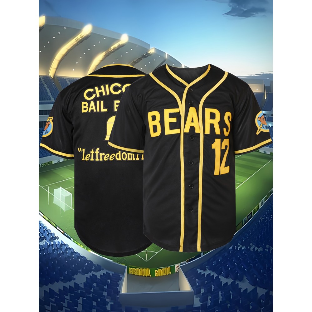 Men'S Baseball Shirt # 12 Black Embroidered Polyester Sportswear Loose Fabric Suitable for Street Team Sports S-XXXL